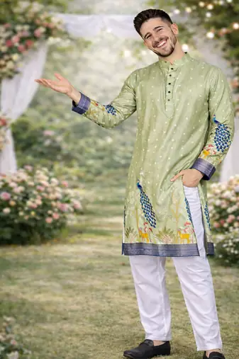 pista green patola foil print dola silk kurta pajama set for men | wedding & festive wear