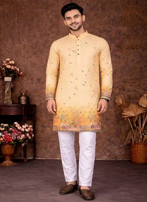 yellow rayon cotton zari weaving kurta pajama 2