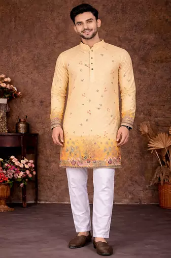 yellow rayon cotton zari weaving kurta pajama