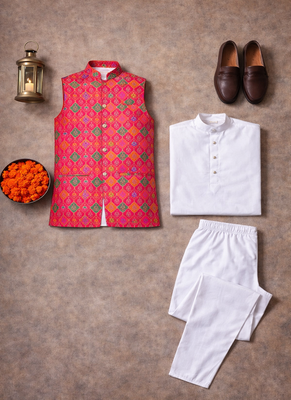 rani pink jacquard silk koti kurta pajama set for men 5
