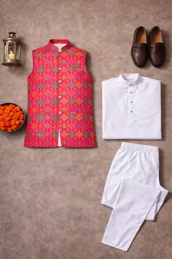 rani pink jacquard silk koti kurta pajama set for men