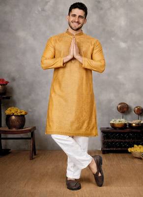 mustard jacquard linen silk kurta pajama set for men 4