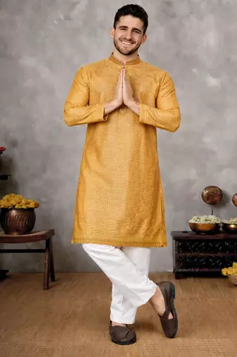 mustard jacquard linen silk kurta pajama set for men