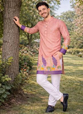 peach patola foil print dola silk kurta pajama for men | festive designer ethnic set 4