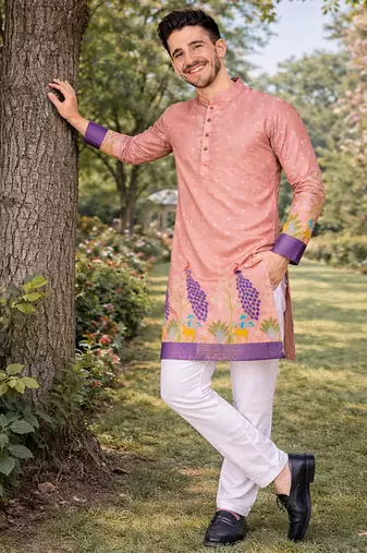 peach patola foil print dola silk kurta pajama for men | festive designer ethnic set