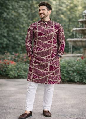 wine multicolour foil print cotton kurta pajama set for men | trendy ethnic outfit 4