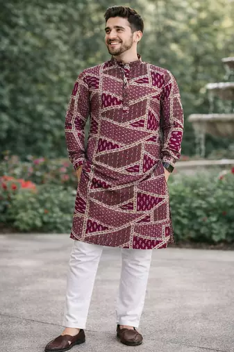 wine multicolour foil print cotton kurta pajama set for men | trendy ethnic outfit