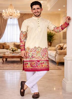 off white patola foil print dola silk kurta pajama set for men | elegant festive wear 4