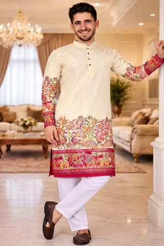 off white patola foil print dola silk kurta pajama set for men | elegant festive wear