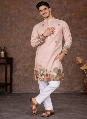 peach zari weaving rayon cotton kurta pajama set for men | festive & wedding wear 4