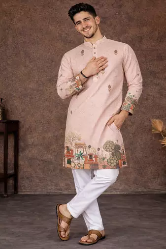peach zari weaving rayon cotton kurta pajama set for men | festive & wedding wear