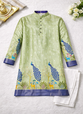 pista green patola foil print dola silk kurta pajama set for men | wedding & festive wear 5