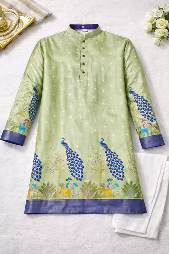 pista green patola foil print dola silk kurta pajama set for men | wedding & festive wear
