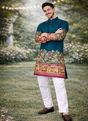 teal patola foil print dola silk kurta pajama set for men | festive & wedding wear 3
