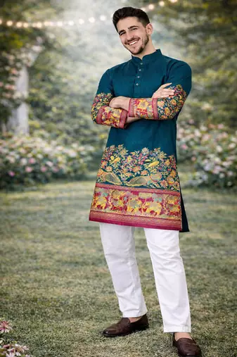 teal patola foil print dola silk kurta pajama set for men | festive & wedding wear