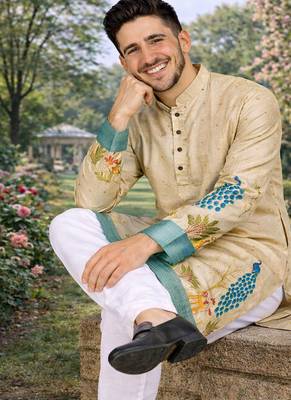 cream patola foil print dola silk kurta pajama set for men | designer ethnic wear 3