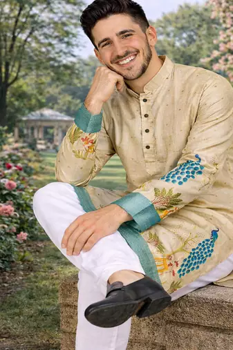 cream patola foil print dola silk kurta pajama set for men | designer ethnic wear