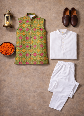 olive jacquard silk koti with cotton kurta pajama set for men | festive nehru jacket outfit 5
