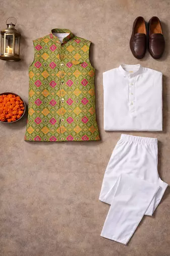 olive jacquard silk koti with cotton kurta pajama set for men | festive nehru jacket outfit