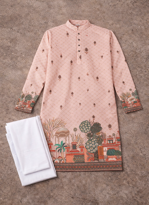 peach zari weaving rayon cotton kurta pajama set for men | festive & wedding wear 5