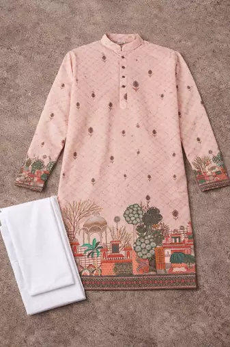 peach zari weaving rayon cotton kurta pajama set for men | festive & wedding wear