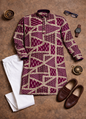 wine multicolour foil print cotton kurta pajama set for men | trendy ethnic outfit 5