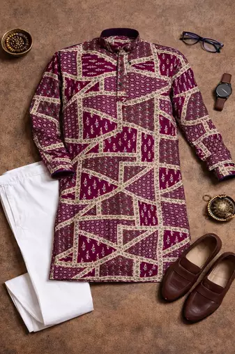 wine multicolour foil print cotton kurta pajama set for men | trendy ethnic outfit