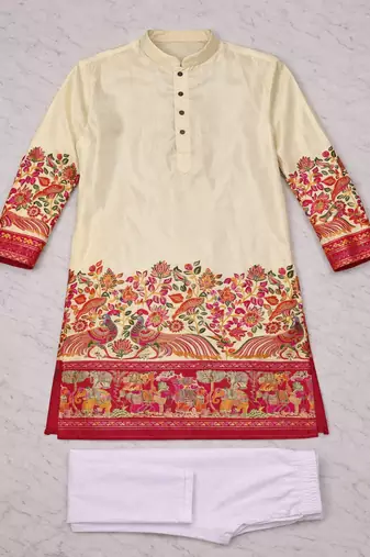 off white patola foil print dola silk kurta pajama set for men | elegant festive wear