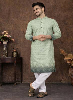 pista green zari woven rayon cotton kurta pajama set for men | ethnic festive wear 3