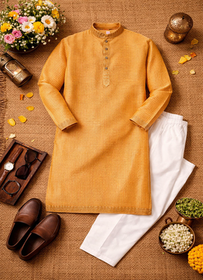 mustard jacquard linen silk kurta pajama set for men 5
