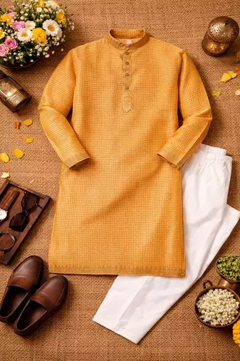mustard jacquard linen silk kurta pajama set for men