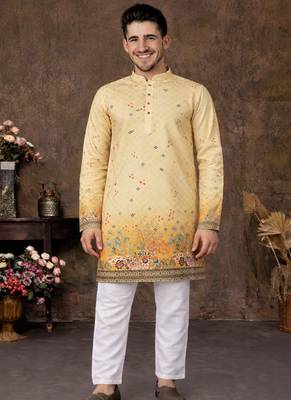 yellow rayon cotton zari weaving kurta pajama 3
