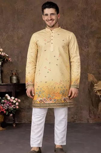 yellow rayon cotton zari weaving kurta pajama