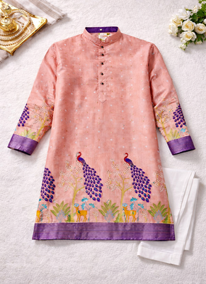 peach patola foil print dola silk kurta pajama for men | festive designer ethnic set 5