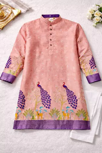 peach patola foil print dola silk kurta pajama for men | festive designer ethnic set