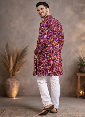 wine geometric multicolour foil print cotton kurta pajama set for men 4