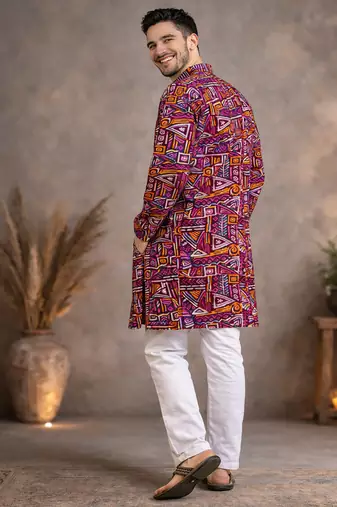 wine geometric multicolour foil print cotton kurta pajama set for men