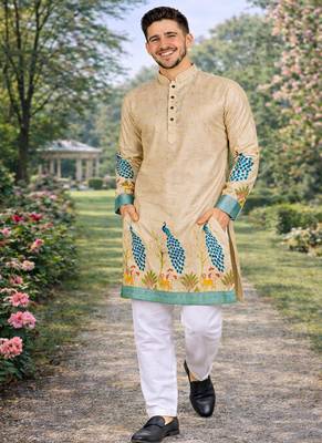 cream patola foil print dola silk kurta pajama set for men | designer ethnic wear 4