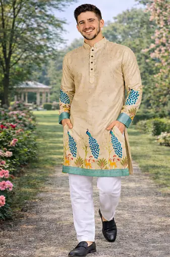 cream patola foil print dola silk kurta pajama set for men | designer ethnic wear