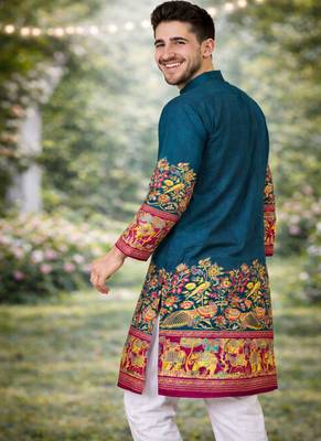 teal patola foil print dola silk kurta pajama set for men | festive & wedding wear 4