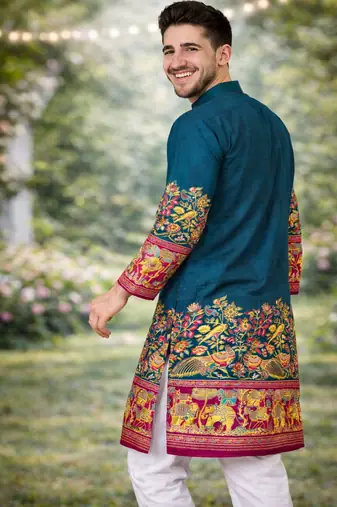 teal patola foil print dola silk kurta pajama set for men | festive & wedding wear