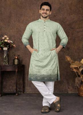 pista green zari woven rayon cotton kurta pajama set for men | ethnic festive wear 4