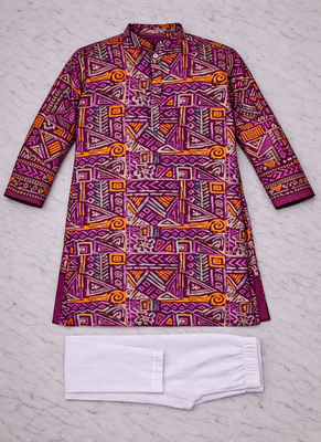 wine geometric multicolour foil print cotton kurta pajama set for men 5