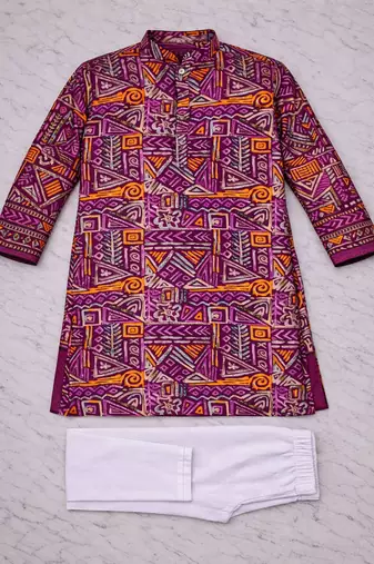 wine geometric multicolour foil print cotton kurta pajama set for men