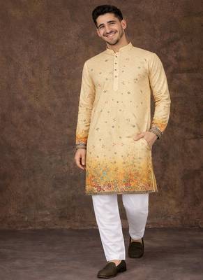 yellow rayon cotton zari weaving kurta pajama 4