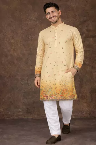 yellow rayon cotton zari weaving kurta pajama