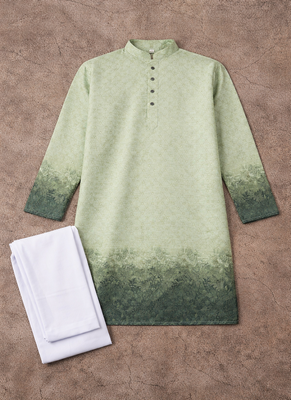 pista green zari woven rayon cotton kurta pajama set for men | ethnic festive wear 5