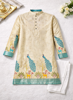 cream patola foil print dola silk kurta pajama set for men | designer ethnic wear 5