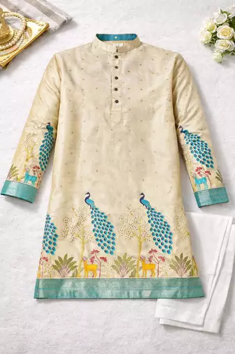 cream patola foil print dola silk kurta pajama set for men | designer ethnic wear