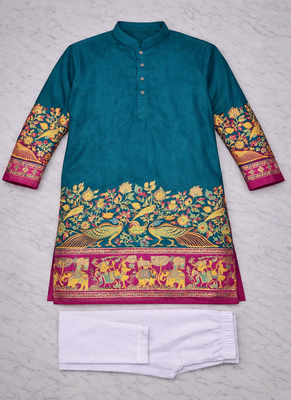 teal patola foil print dola silk kurta pajama set for men | festive & wedding wear 5